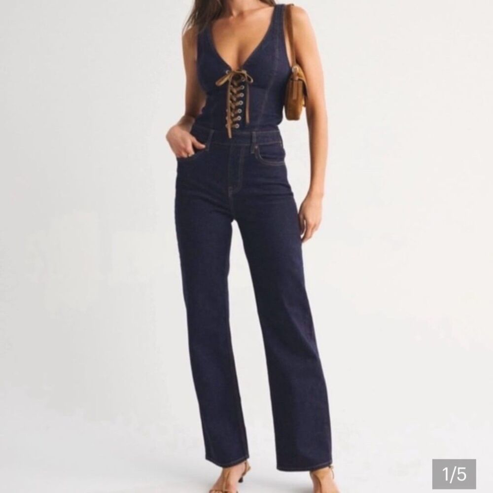 NWT Abercrombie & Fitch Vegan Suede Lace Up Denim Jumpsuit Overalls XST